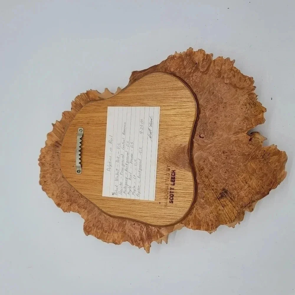 Dolphins In Burl Scott Leech Wooden Sculpture Mosiac Natural Signed 14